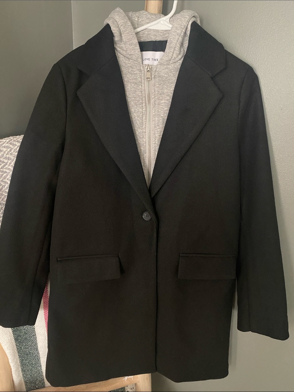 Women’s Love Tree Black Single-Button Jacket with Light Gray Hooded Liner